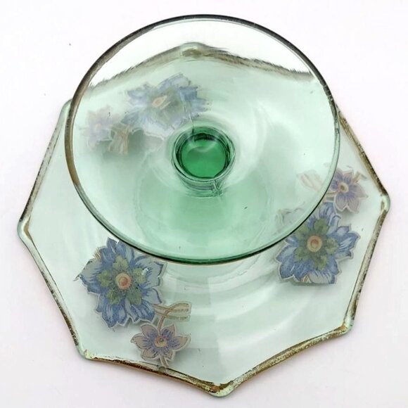 Vintage Green Glass Bon Bon Candy Dish Compote w/ Floral Design & Gold Trim - Picture 4 of 6